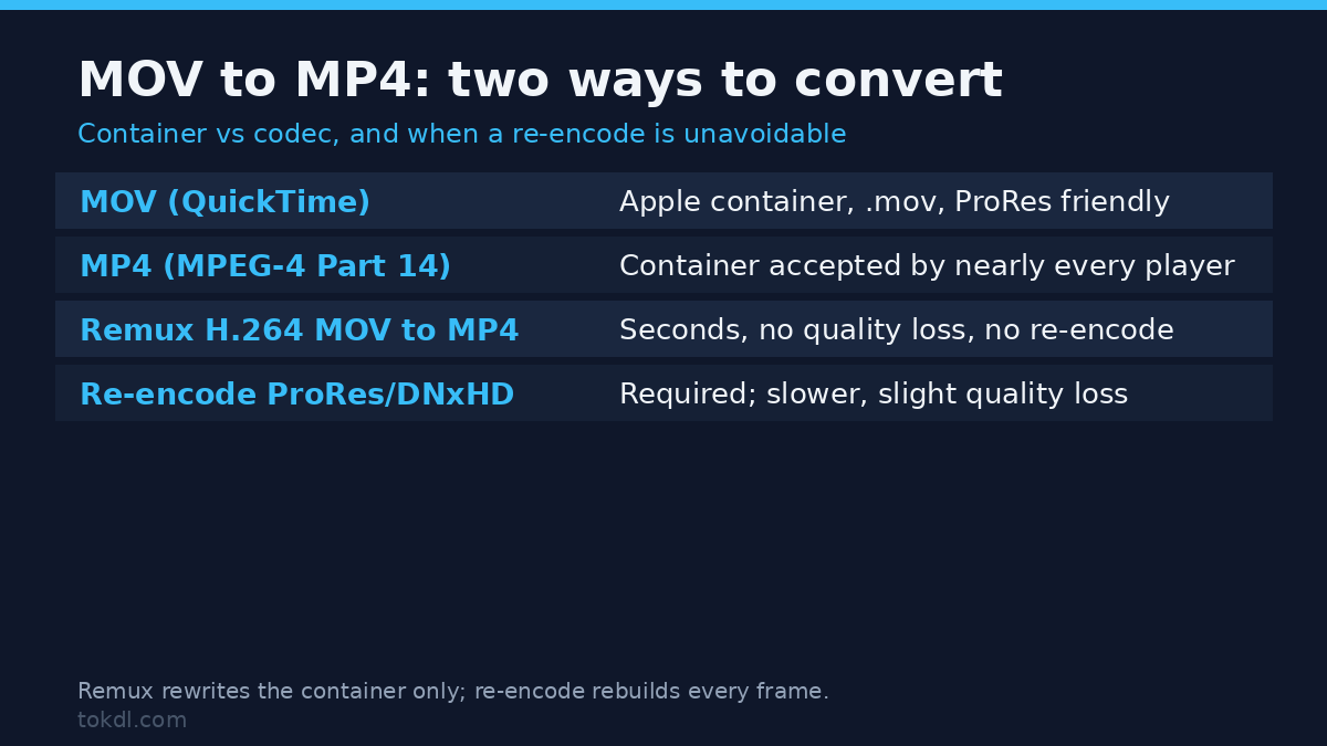 MOV to MP4 conversion methods compared: remux versus re-encode