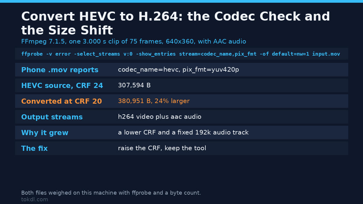 The FFmpeg codec check that shows a phone .mov is HEVC, and the 24% size change after converting HEVC to H.264 at CRF 20