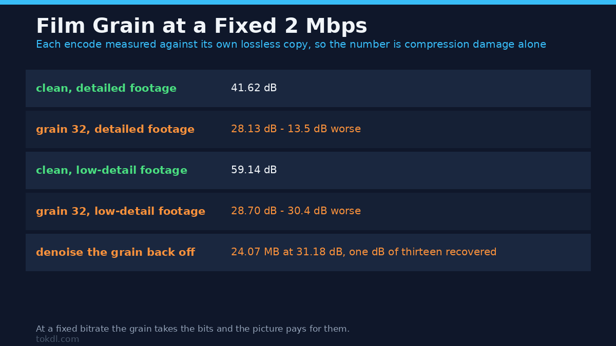 Film grain at a fixed 2 Mbps: the grained export loses 13.5 dB against its own clean encode
