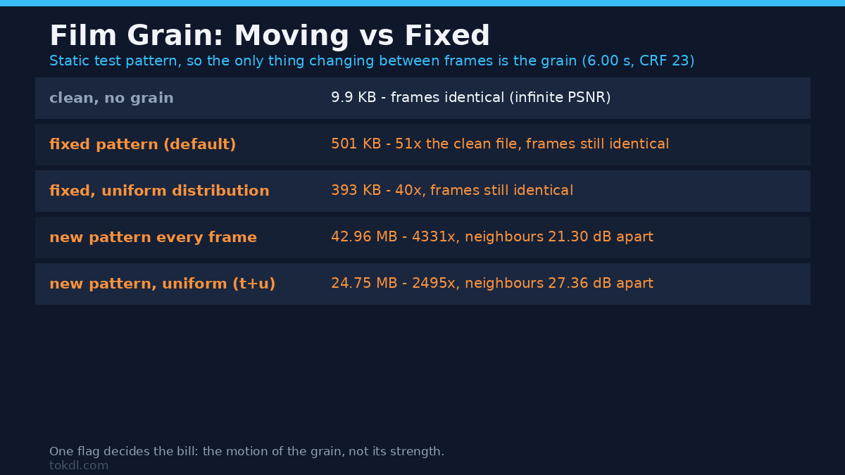Film grain that regenerates every frame against a fixed film grain pattern: 42.96 MB versus 501 KB on a static clip