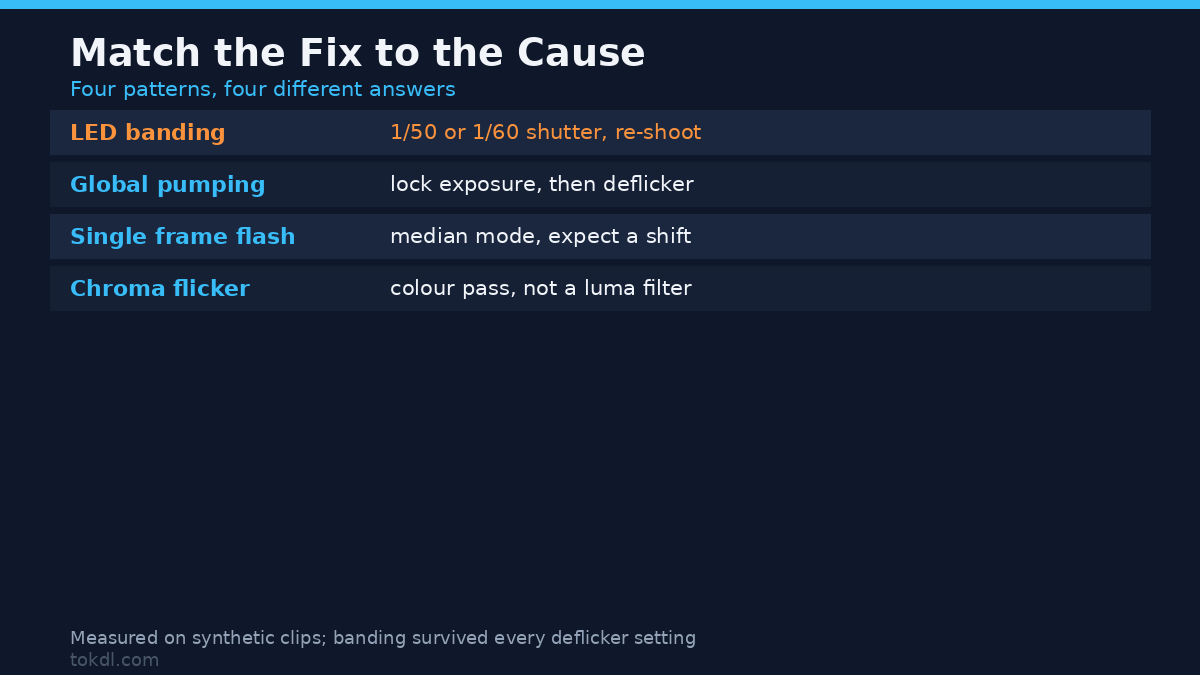 Flickering video causes and fixes: LED banding needs 1/50 or 1/60 shutter, pumping needs locked exposure