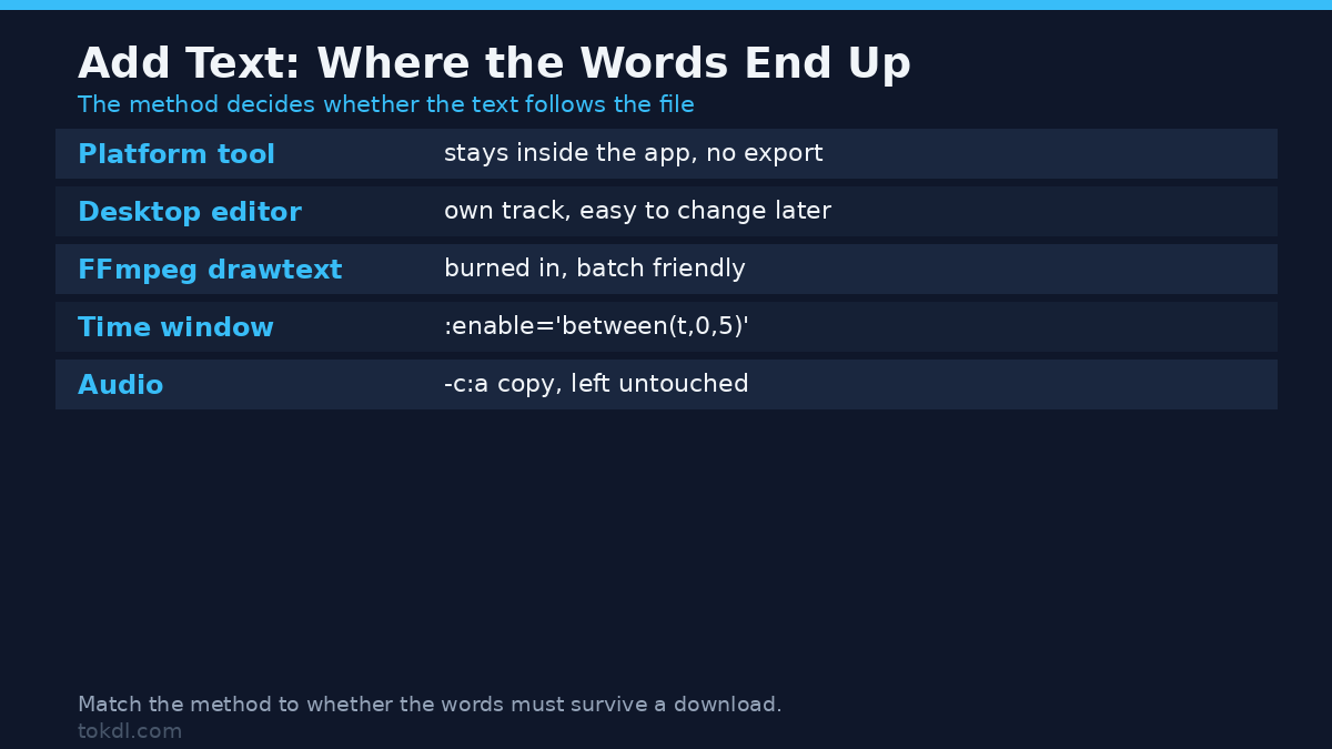 Add text with a platform tool, a desktop editor or FFmpeg drawtext, showing where the words end up after export and the -c:a copy and :enable time window flags