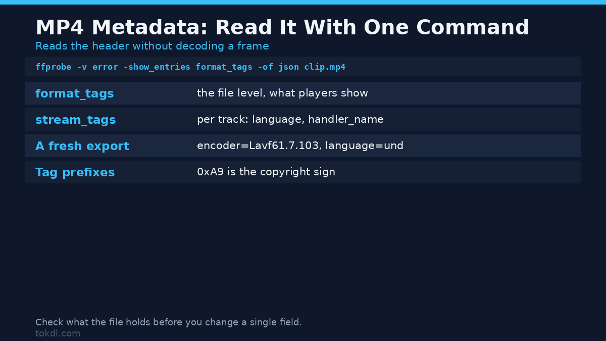 How to read MP4 metadata with one ffprobe command and what a fresh export reports