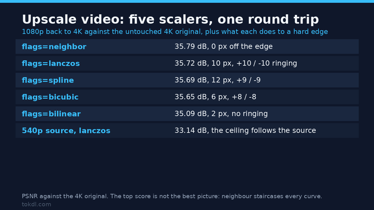 Upscale video scaler comparison: PSNR for neighbour, lanczos, spline, bicubic and bilinear